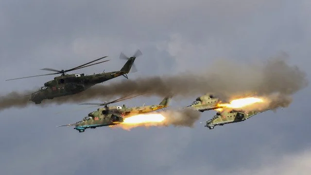 Mi-8 provided covering fire while the Mi-35 stung the Ukrainians